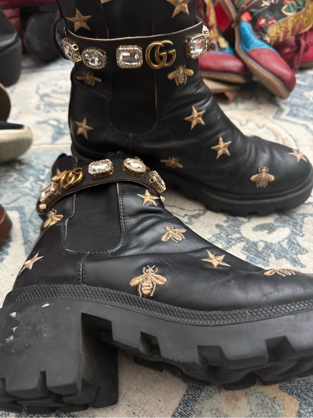 Gucci Black Leather Embroidered Combat Boots with Gold Accents - Picture 4 of 4